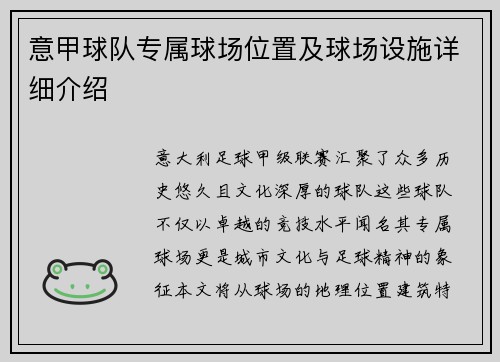意甲球队专属球场位置及球场设施详细介绍